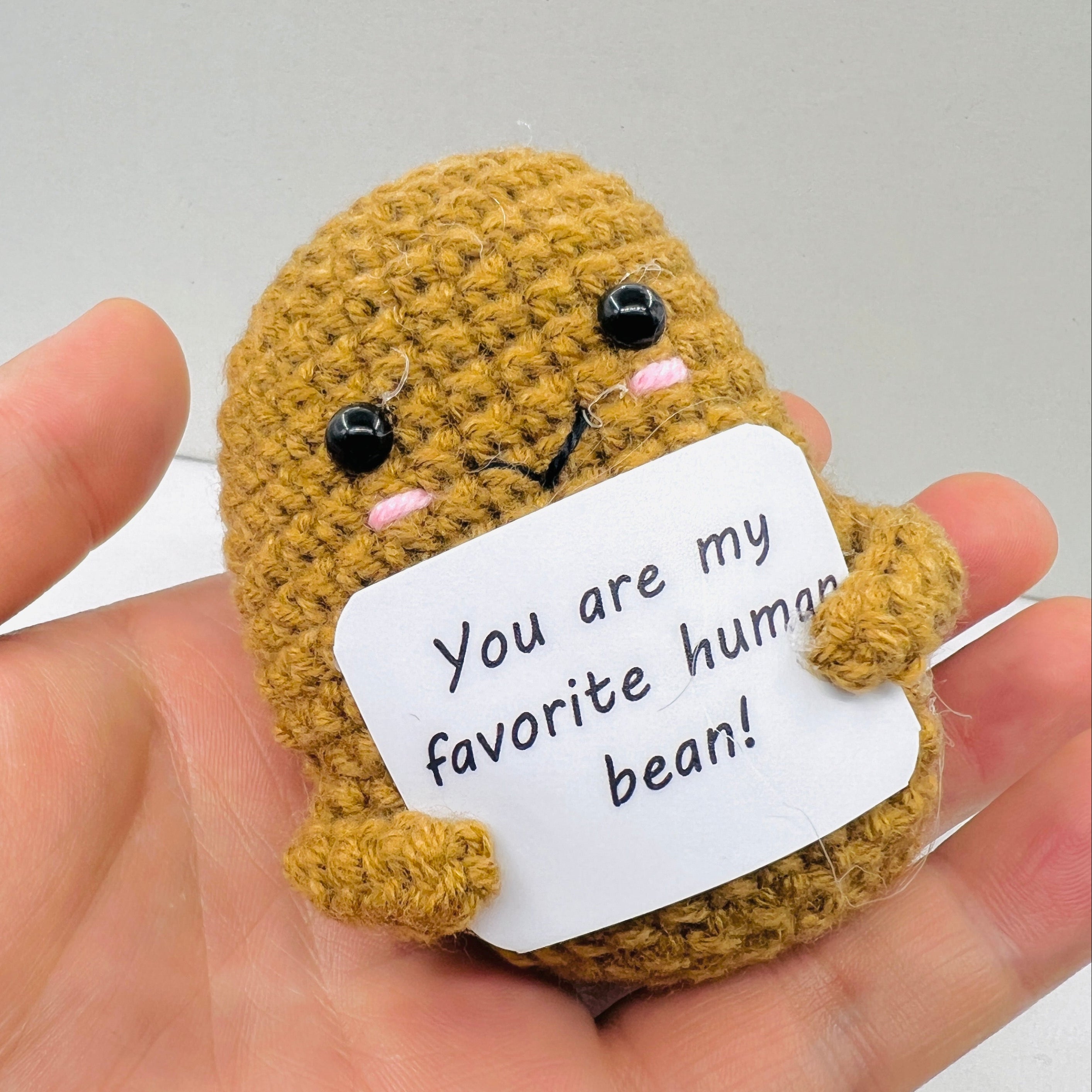 Crocheted bean-shaped character holding a sign with 'You are my favorite human bean!' text on a plain background.